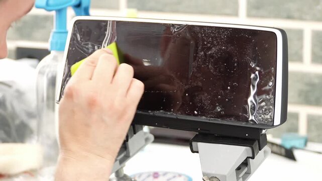 A man wrapping a protective PPF film on a car monitor. The protective glass or film protects the monitor from scratches, fingerprints and other mechanical damage. Wrapping a protective film. 