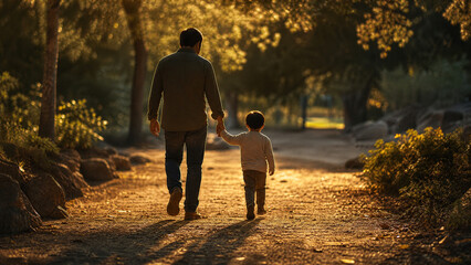 Obraz premium Parent and Child Walking Together at Golden Hour for Parents Day Family Banner