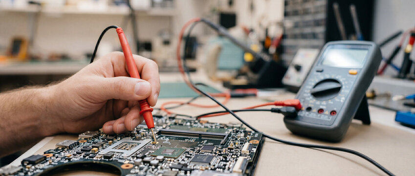 Electronics repair technician testing circuit board with multimeter probe and diagnostic equipment