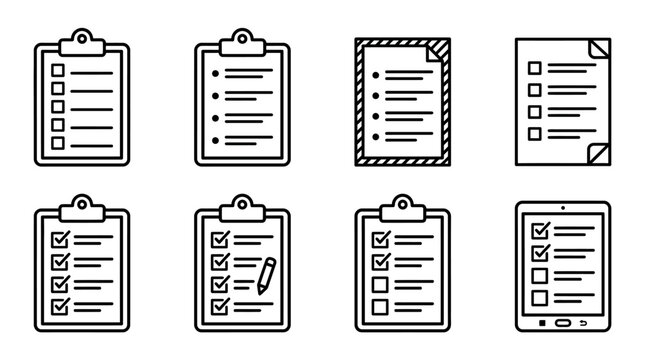 Black‑and‑white checklist icons on clipboards, sheets, and tablet screens, with mixed checked and unchecked boxes, symbolizing productivity and organization.