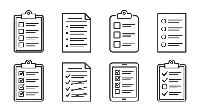 Black‑and‑white checklist icons on clipboards, sheets, and tablet screens, featuring empty boxes, checkmarks, and bullet points for task organization.