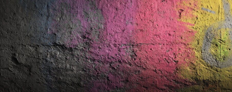 A textured wall painted with a gradient of colors blending from black to pink to yellow, creating an abstract and colorful visual effect.