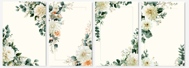 Watercolor floral frames showcasing dahlia blossoms and eucalyptus branches for romantic announcements, celebrating love, union, and special occasions © Mari