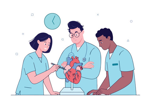 Medical students studying human heart anatomy model, diverse doctors in blue scrubs during cardiology training, healthcare education vector illustration