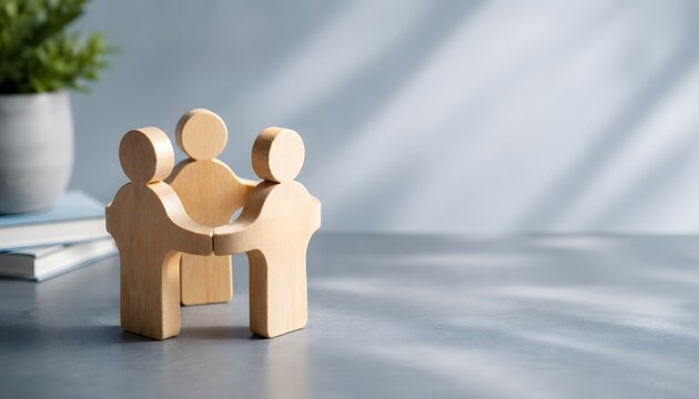 Teamwork unity and business partnership concept with interconnected wooden figures standing in a circle representing support and community.