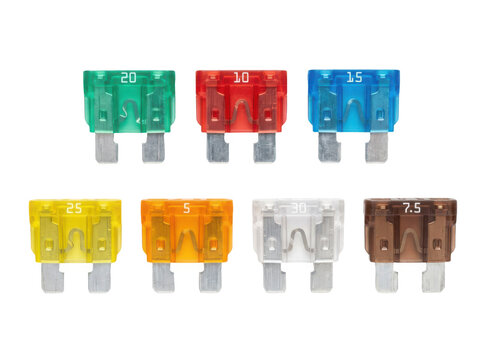 Set of colorful car fuses with different amperage ratings for automotive electrical circuit protection and repair isolated on transparent background