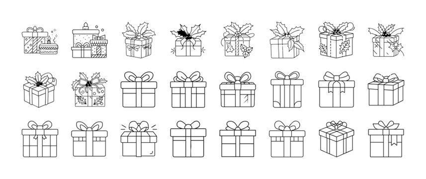 Flat gift boxes with holiday icons collection - Colorful set of flat gift boxes and holiday-themed icons like houses, snowflakes, and stars in clean vector style.