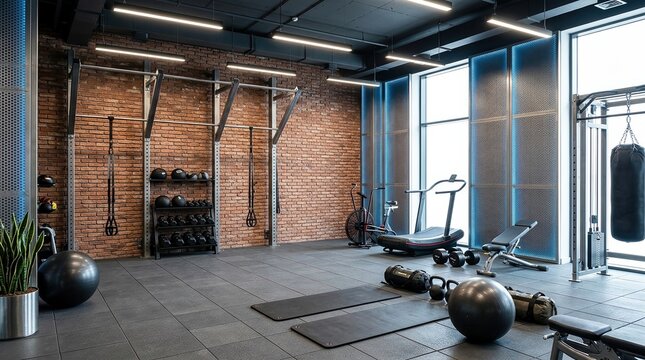 HIIT workout, fitness training, gym exercise concept with modern fitness studio and training equipment.