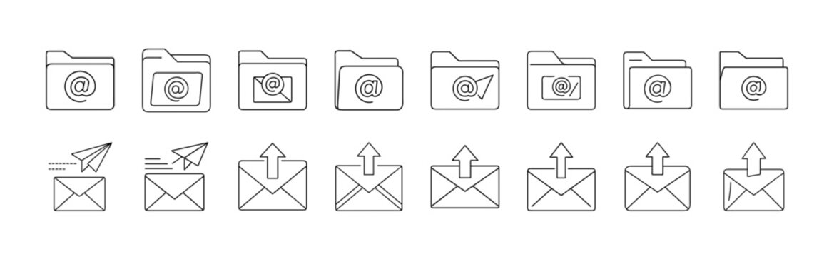 Flat icons set of folders and envelopes with arrows - Minimalist vector icons showing folders and envelopes with upward arrows, perfect for UI design or presentations.