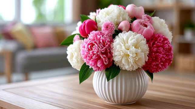 A white vase filled with a vibrant bouquet of pink and white peonies sits on a wooden table.
