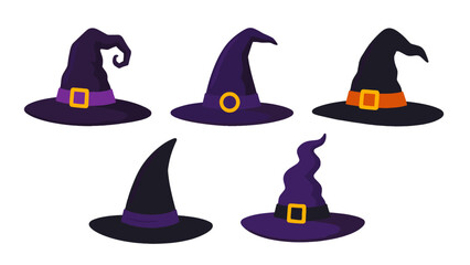 Set of five stylized witch hats isolated on white background © Artstock