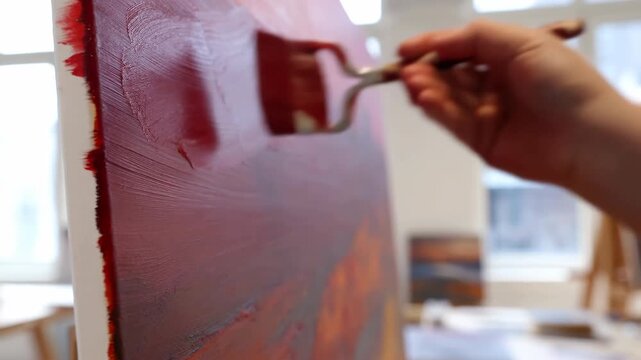 Close view of hand applying red paint across textured canvas with brush and palette knife, creating glossy strokes under soft natural backlight in studio, with paint, brush, palette, canva detail