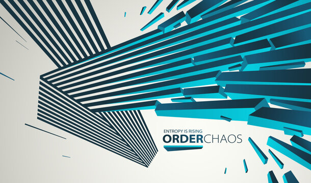 Chaos and order vector concept abstract background with lines explosion to debris in decay, 3D wallpaper with perspective lines going to chaos of destruction.