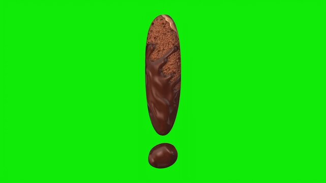 Chocolate cake exclamation mark punctuation animation on green screen background loop.