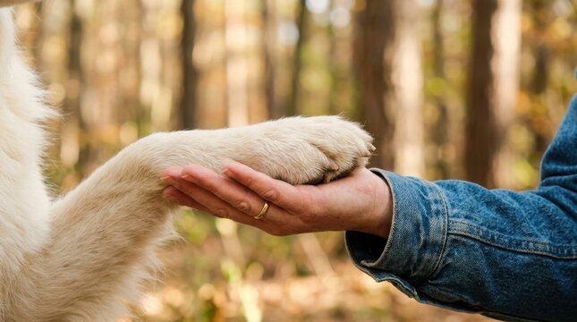 Heartwarming close-up shot of a large fluffy dog paw resting in a human hand within a bright autumn forest setting, perfectly showcasing the deep bond of loyalty and trust between an owner and pets