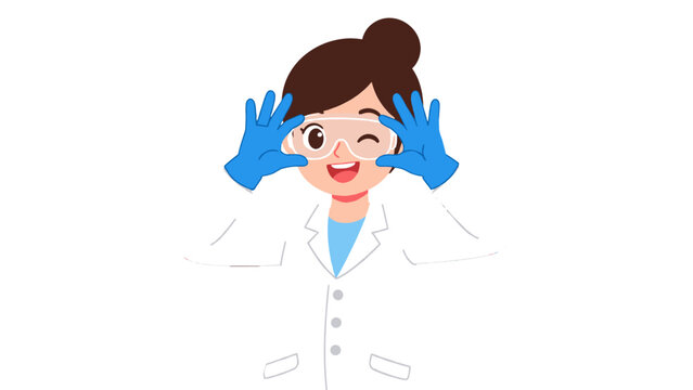 Smiling scientist in lab coat with goggles and blue gloves