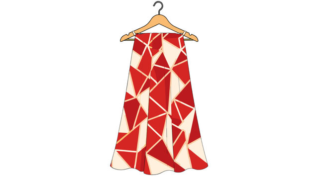 Red geometric patterned long skirt hanging on wooden hanger