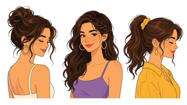 Stylized set of three young women with different hairstyles