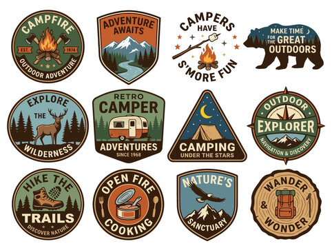 Collection of Retro Camping and Adventure Badges Featuring Campfires, Tents, Bears, and Wilderness Scenes