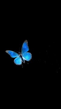 Beautiful blue butterfly flying on an empty black background, vertical video featuring graceful wing movement, vibrant colors and elegant natural beauty