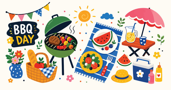 Outdoor backyard barbecue day setup with green grill and picnic blanket.