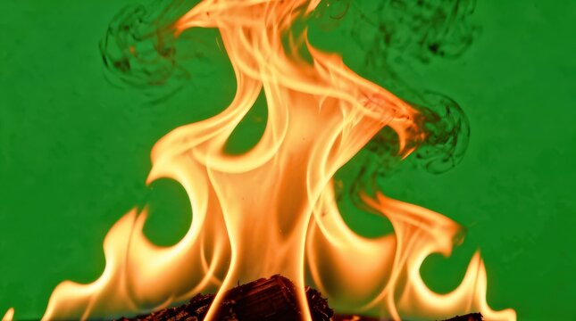 Bright orange flames rise from burning wood against a vivid green background, showcasing dynamic fire movement.