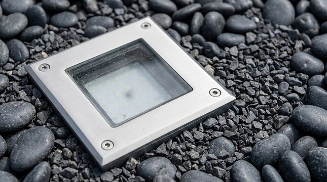 Square outdoor ground light, solar pathway, landscape technology concept with small light fixture on pebbles.