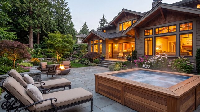 Hot tub and backyard. Backyard and hot tub in a beautiful home