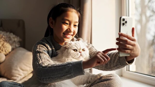 cheerful asian girl taking selfie with her fluffy white cat using smartphone by window. happy child and pet at home in warm sunlight. lifestyle, social media content, family animal