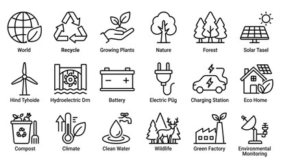 Fototapeta premium Renewable Energy and Ecology Outline Icon Collection with Environmental Protection Symbols