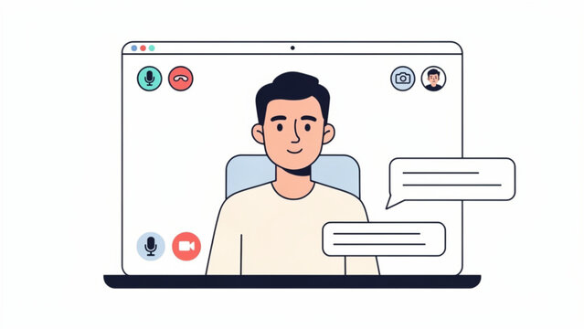 Young man on video call smiling with speech bubbles and chat icons in a computer screen digital communication concept