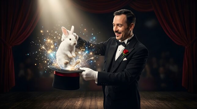 Magician performing classic rabbit trick on stage with spotlight