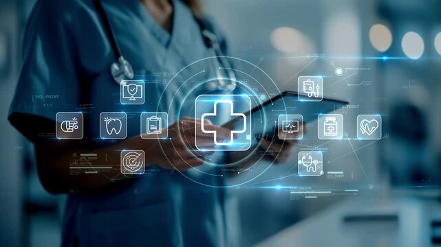 Healthcare professional using tablet with medical interface, illustrating patient care, clinical services, connected healthcare systems and digital medical technology