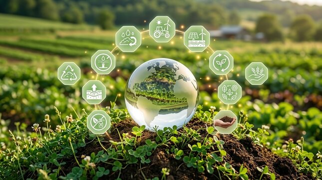 Sustainable agriculture, green farming, eco technology concept with seedlings and digital environmental icons.