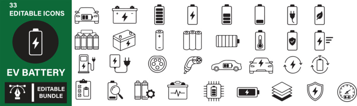 EV Battery Vector Outline Icons Set &ndash; Electric Vehicle Battery Pack, Charging, Energy Storage, Battery Management System, EV Charger, Modern UI UX Line Icon Bundle