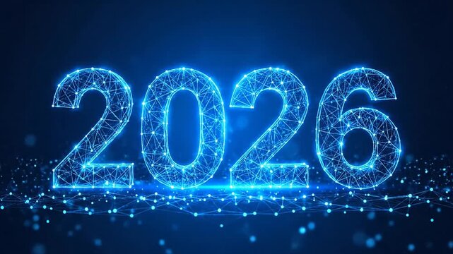A digital representation of the upcoming year rendered in a glowing blue wireframe mesh style