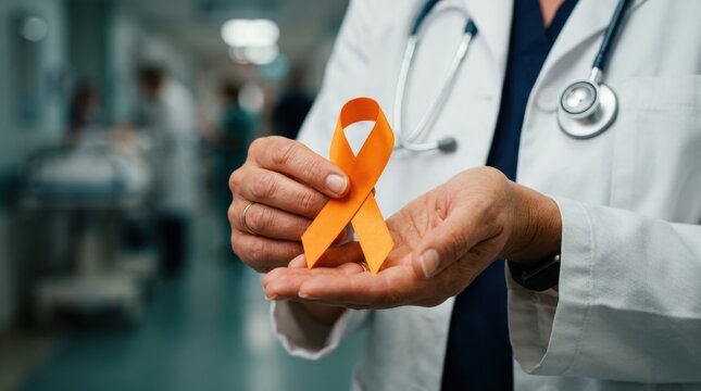 Compassionate female physician holding orange awareness ribbon in hospital corridor, representing leukemia or kidney cancer support, providing hope and medical advocacy for patients fighting diseases.