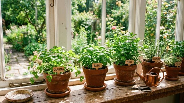 A wooden table with a variety of herbs and plants in clay pots, placed on a windowsill in a garden setting.