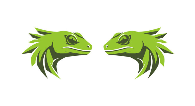 Two Green Lizard Heads Facing Each Other Illustration.