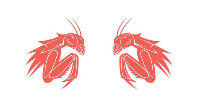 Two Red Praying Mantis Illustrations Facing Each Other.