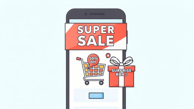 smartphone displaying super sale banner with shopping cart and gift box for online shopping and discounts