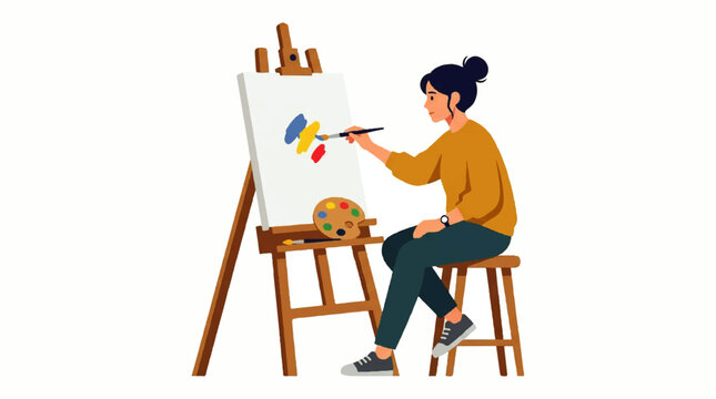 Young woman artist painting with brush on canvas standing on an easel
