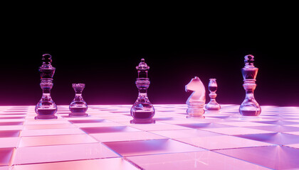Vibrant chessboard scene featuring transparent glass chess pieces illuminated by neon lights, creating futuristic atmosphere © BHP Studio