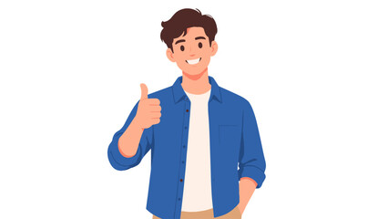 Smiling young man giving thumbs up in flat vector style