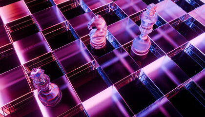 Vibrant chessboard featuring transparent glass pieces illuminated by colorful neon lights creates striking visual © BHP Studio