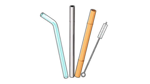 Reusable drinking straws with cleaning brush vector illustration