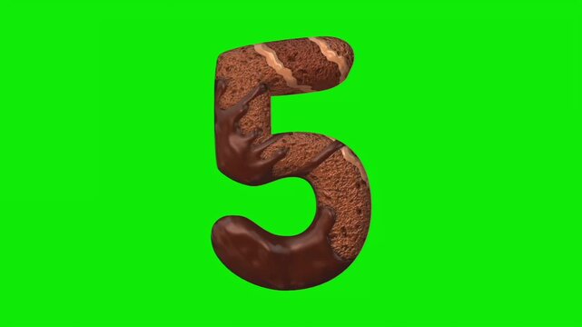 Chocolate cake shaped number animation on a green screen background.