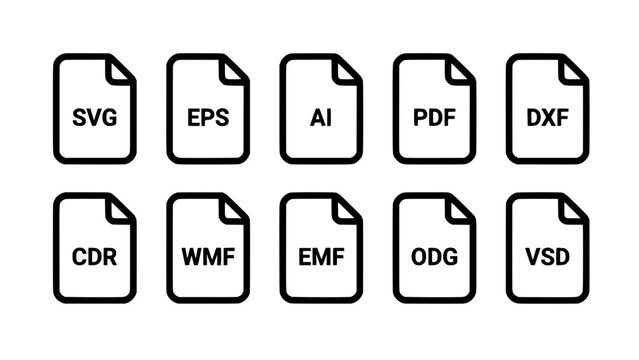 File Format Icons Set with Svg Eps Ai Pdf Dxf Cdr Wmf Emf Odg Vsd Document Labels on White Background