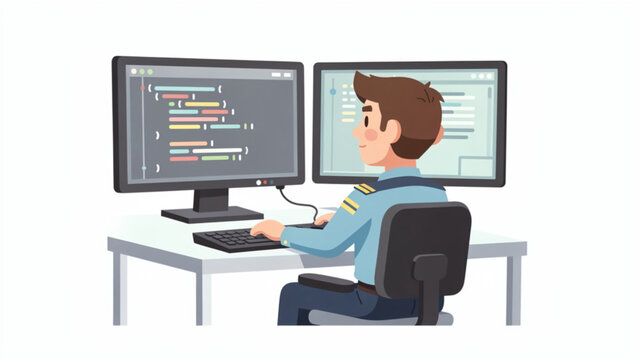 young male pilot working at computer with multiple screens programming coding skills airline aircraft flight simulation tech
