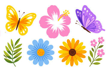 Obraz premium Colorful butterfly and flower clipart set with leaf elements